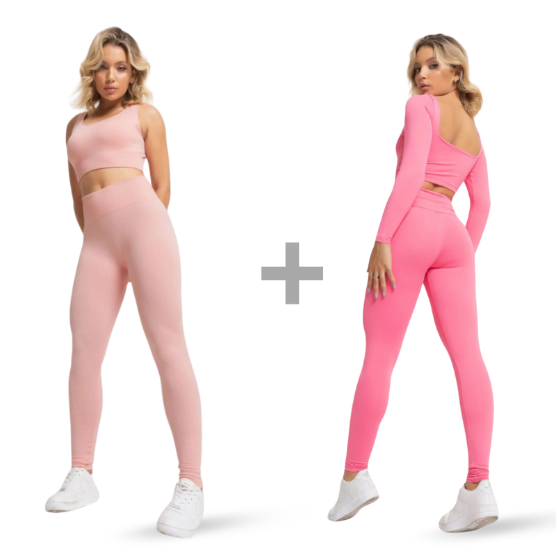 Combo: Conjunto Seamless Básico Melocotón Acanalado + Conjunto Manga Larga Rosa